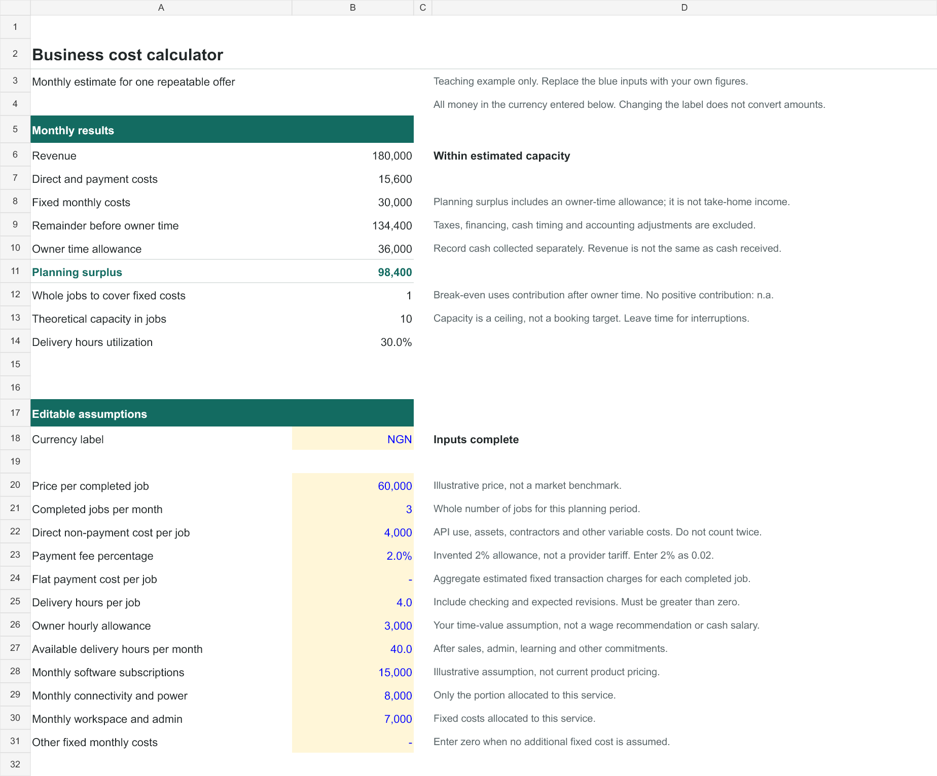 Business cost calculator teaching example included in the Business Kit