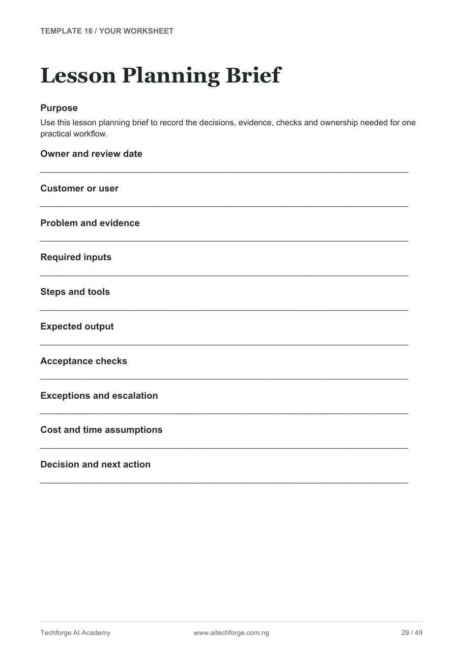 Actual Lesson Planning Brief worksheet included in the Business Kit