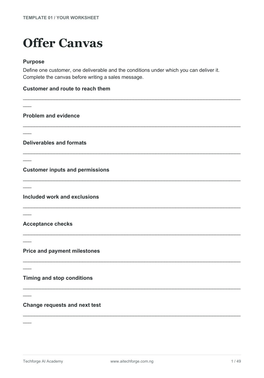 Actual Offer Canvas worksheet included in the Business Kit