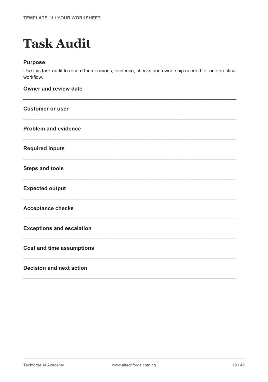 Actual Task Audit worksheet included in the Business Kit