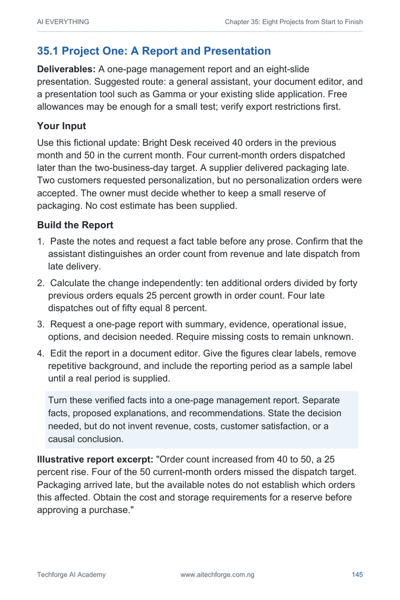 Sample page 145: a worked report and presentation project.